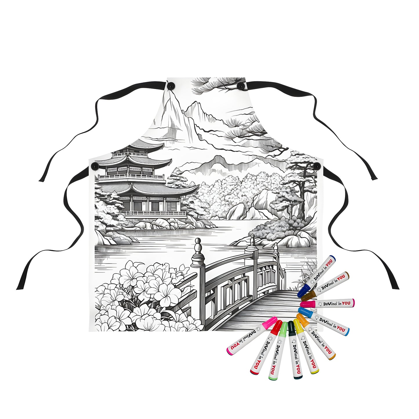 Apron with Japanese garden design featuring a pagoda, wooden bridge, flowers, trees, and mountains