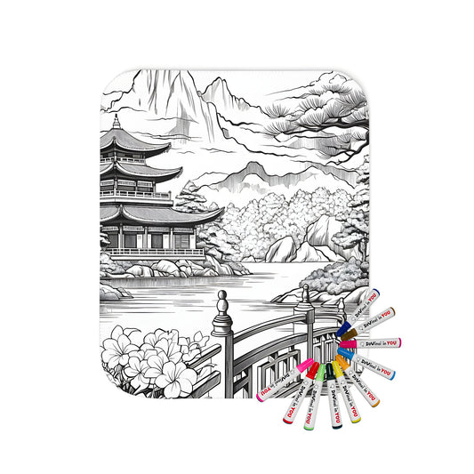 Blanket featuring a Japanese zen garden design with a pagoda, wooden bridge, flowers, trees, and mountains