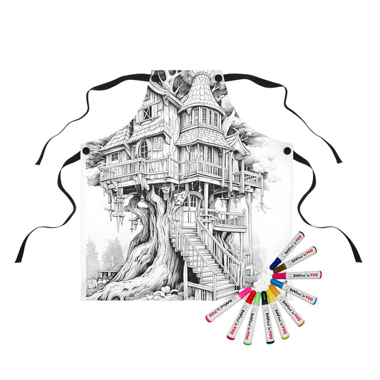 Coloring apron with whimsical woodland treehouse design featuring intricate details and a spiral staircase