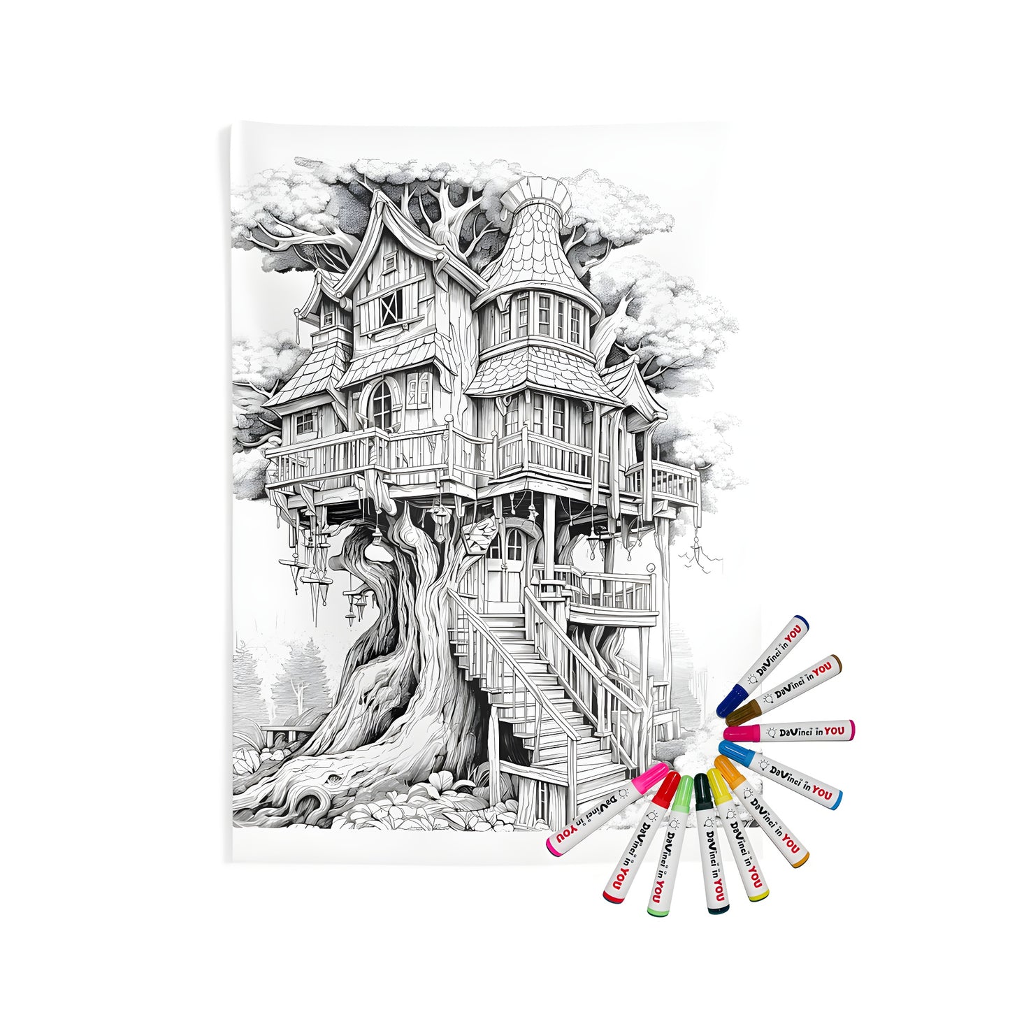 Coloring kit for indoor wall tapestries featuring a detailed black and white drawing of a whimsical house in the woods with intricate architecture and a spiral staircase, perfect for adult coloring enthusiasts