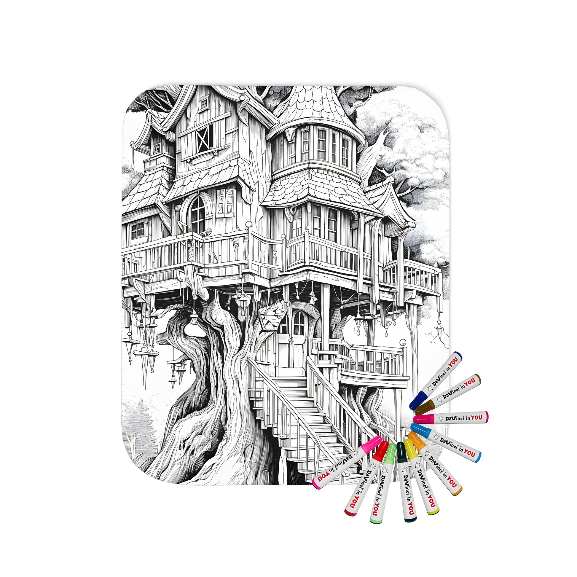 Whimsical woodland treehouse blanket featuring intricate details and a spiral staircase design