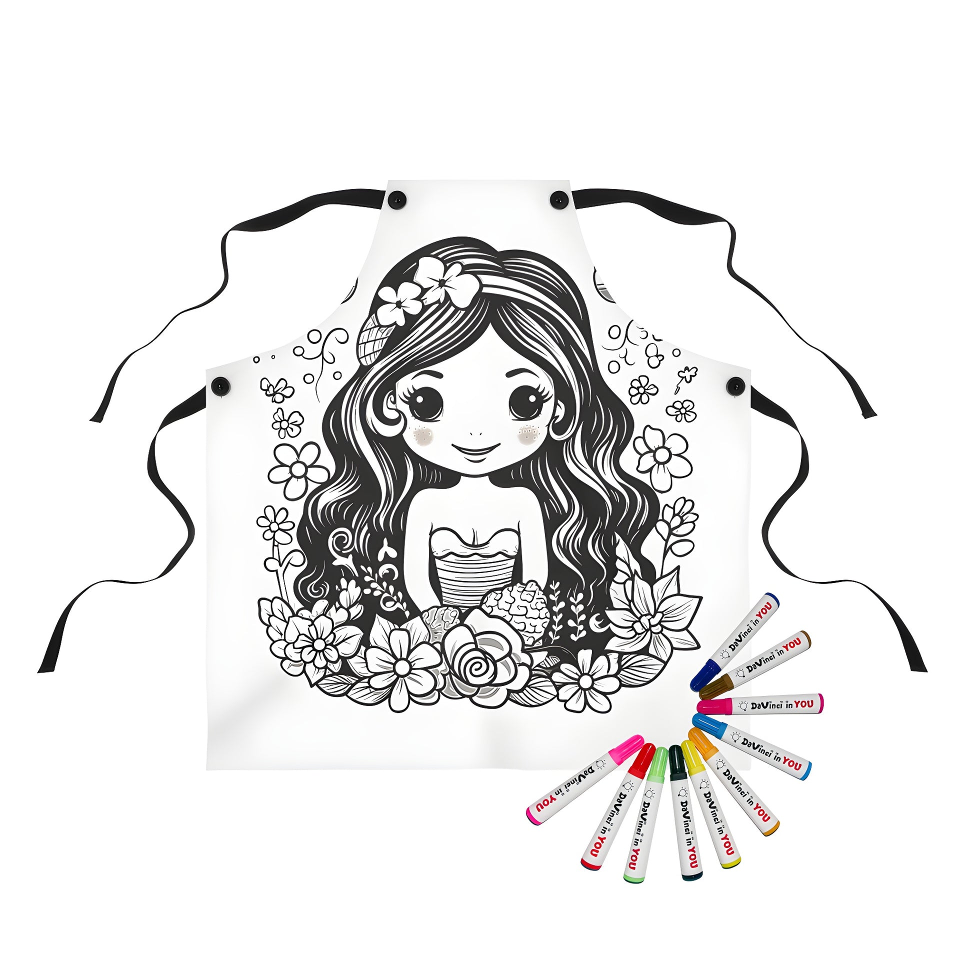 Coloring apron featuring whimsical flower fairy girl illustration