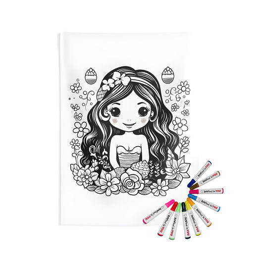 Flower Fairy wall tapestry, indoor hanging art, black and white illustration, cute fairy girl, floral elements, fabric marker coloring kit