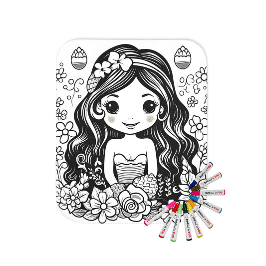 Blanket with whimsical flower fairy illustration, featuring a cute girl with long hair surrounded by floral elements