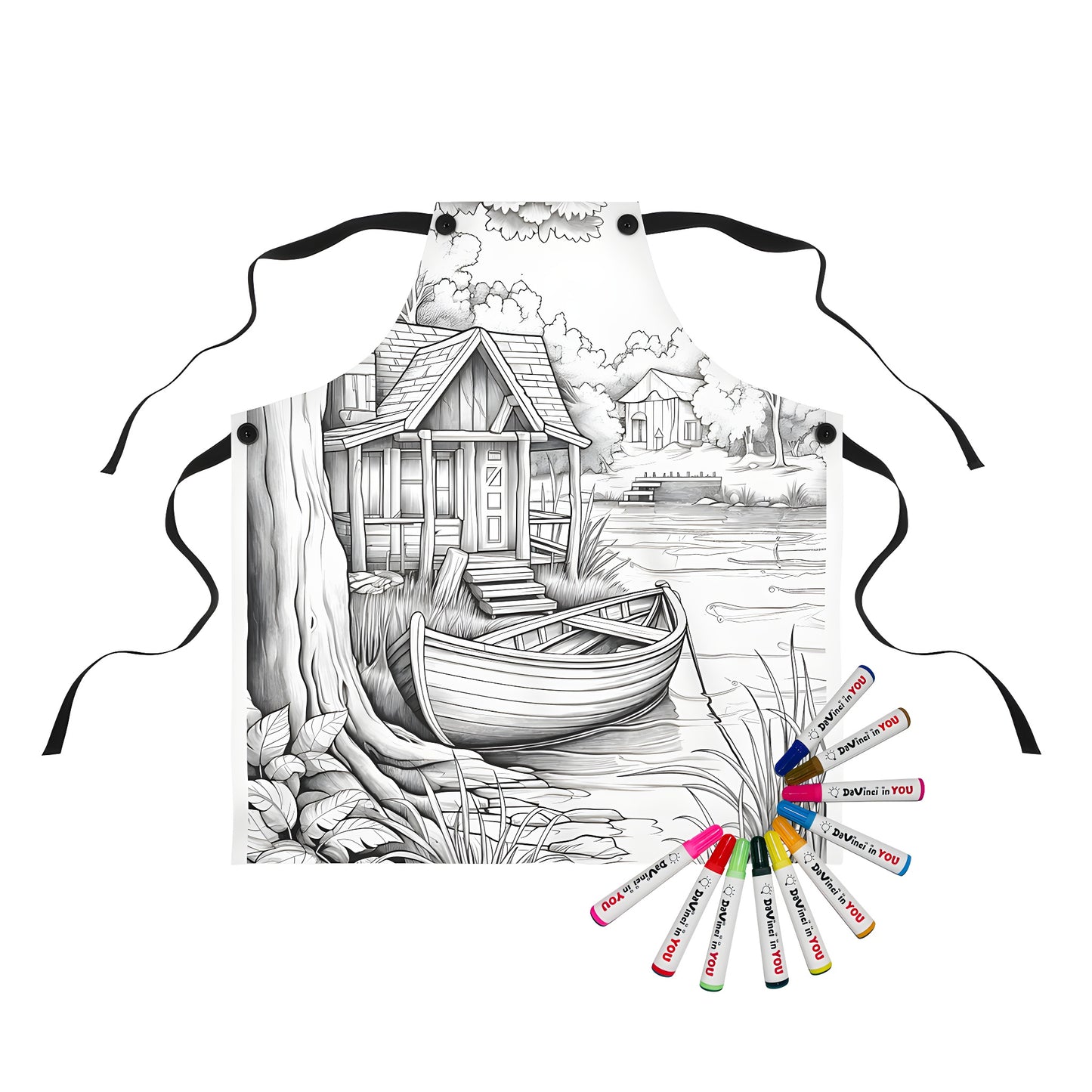 Coloring apron with scenic lakeside cabin design featuring a boat on shore and surrounding trees