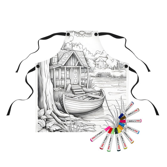 Coloring apron with scenic lakeside cabin design featuring a boat on shore and surrounding trees