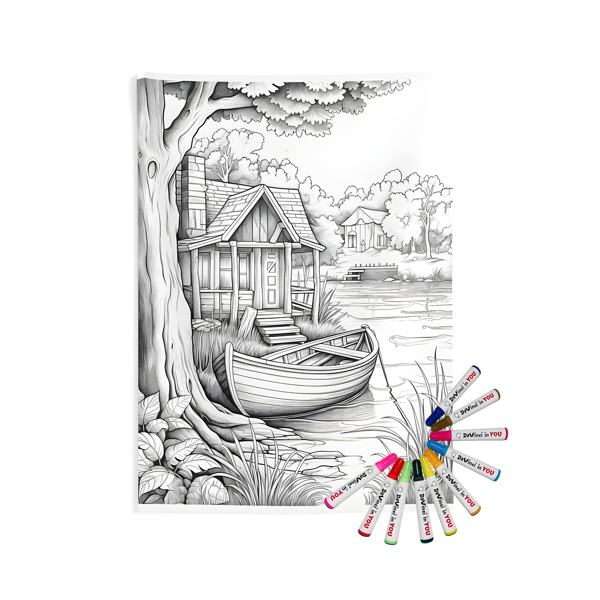 A beautiful lakeside cabin illustration on an indoor wall tapestry, complete with a boat and surrounded by natural scenery