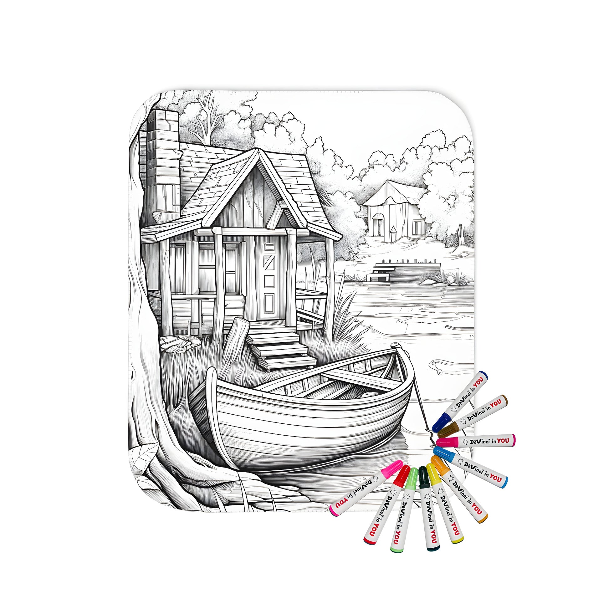 Watercolor-inspired lakeside cabin blanket with boat, trees, and serene surroundings