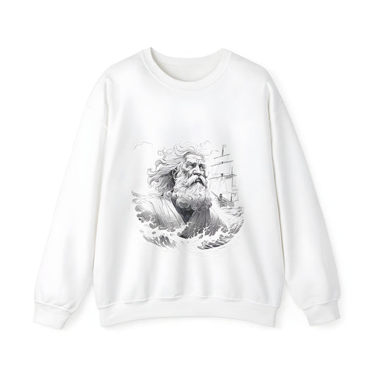 Adult Sweatshirt featuring a majestic Monochrome depiction of a mythological sea god with flowing beard and hair, alongside a sailing ship amidst ocean waves.