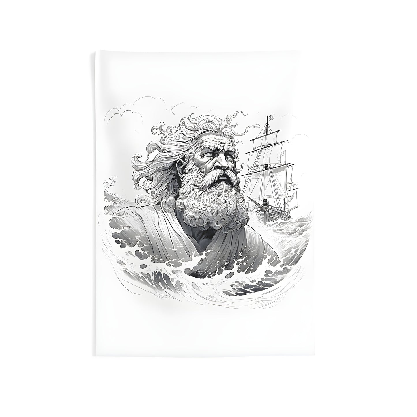 Indoor wall tapestry featuring a mythical sea deity with flowing beard and hair, sailing ship, and ocean waves. Perfect for coastal decor, nautical themed rooms, or as a unique piece of mythology inspired art.