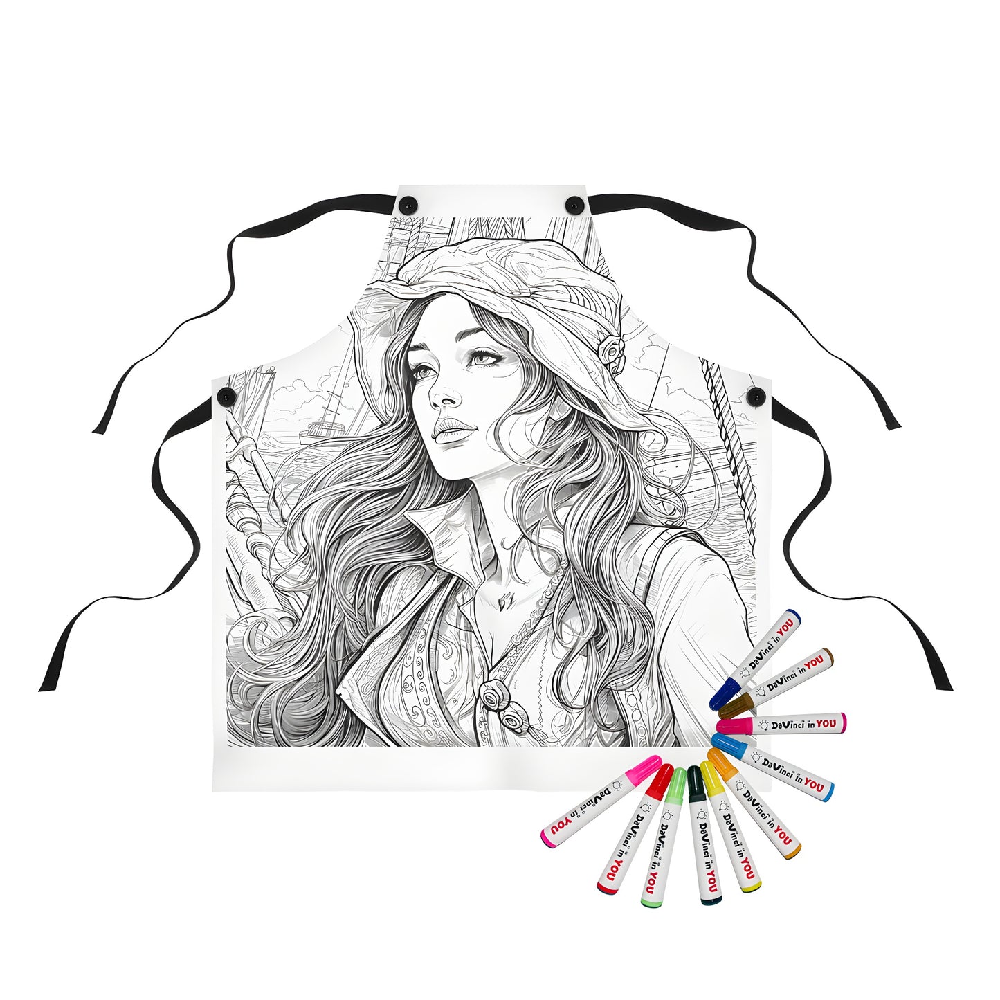 Women's pirate themed apron with colorful markers for adult coloring