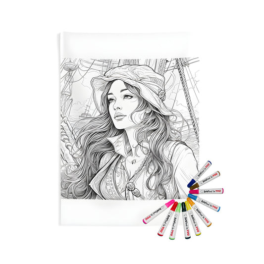 Indoor wall tapestry for bedroom, office or living room featuring a highly detailed black and white drawing of a female buccaneer, pirate lady or swashbuckling gal aboard a vintage sailing ship