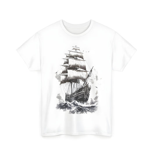 Colorful vintage sailing ship illustration on a unisex t-shirt