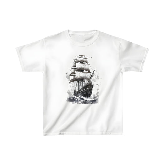 Colorful sailing ship illustration on a kid's pirate-themed t-shirt