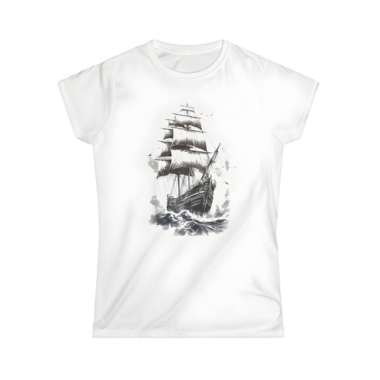 Colorful women's t-shirt with vintage sailing ship and seagulls illustration, perfect for nautical enthusiasts or fans of old pirate ships, treasure hunters, and buccaneers, featuring a detailed design of a ship navigating through rough waves