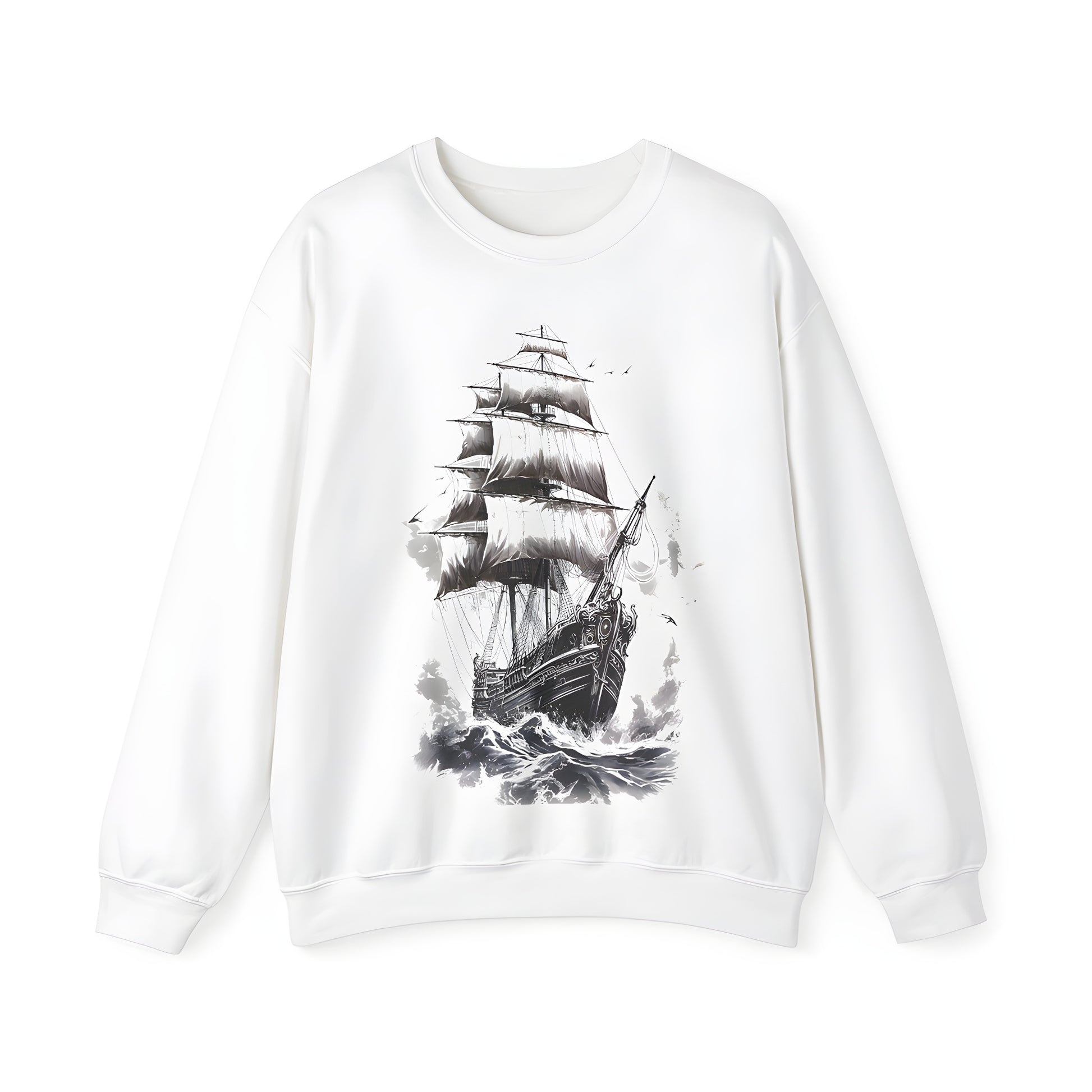 Adult sweatshirt featuring an vintage sailing ship illustration on rough ocean waves with seagulls flying nearby