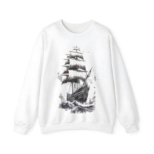 Adult sweatshirt featuring an vintage sailing ship illustration on rough ocean waves with seagulls flying nearby