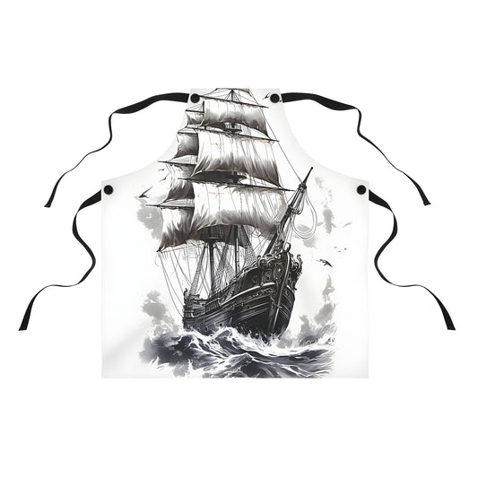 Vintage sailing ship apron with intricate ocean wave design and pirate ship illustration