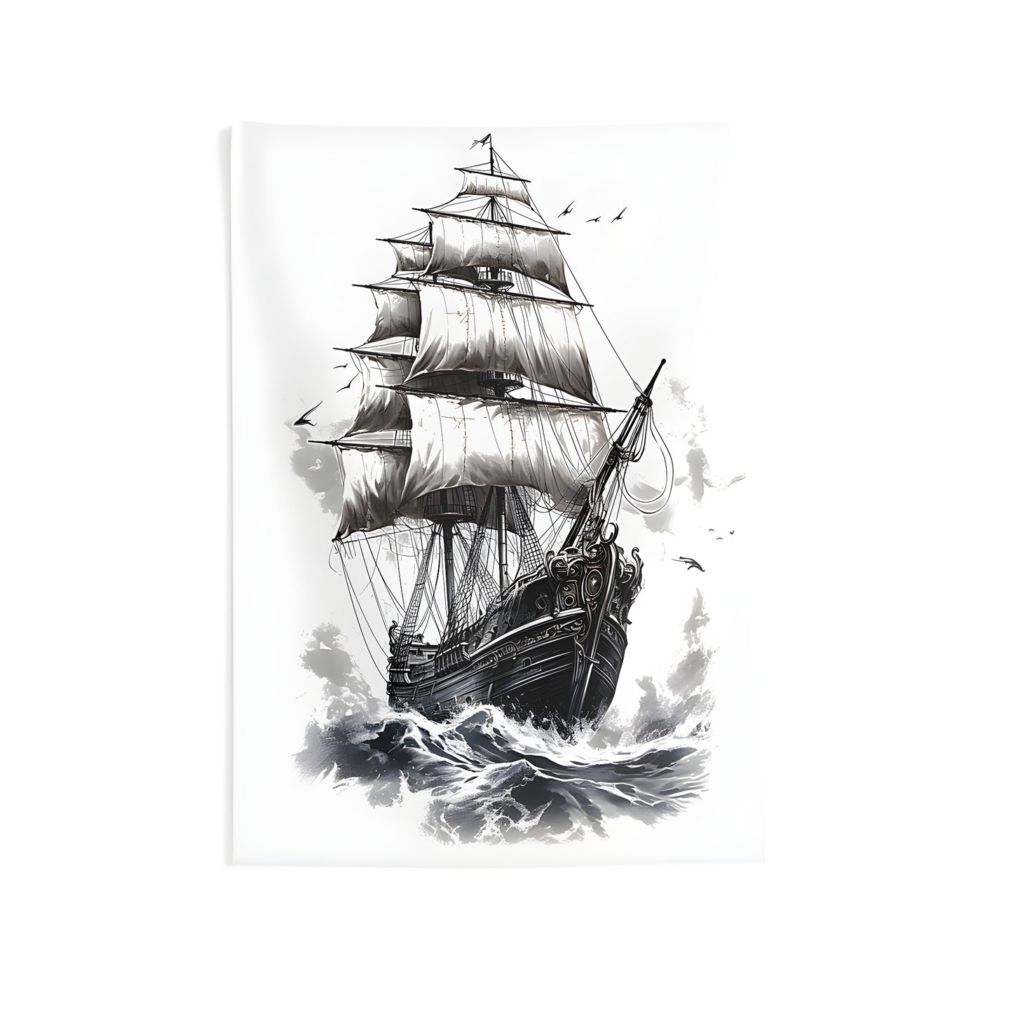 Colorful vintage sailing ship wall tapestry for home decor, featuring an old pirate ship illustration with seagulls flying nearby