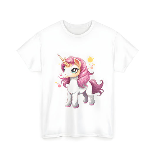 Colorful Unisex T-shirt with cute unicorn design, pink mane, and colorful paint splatters