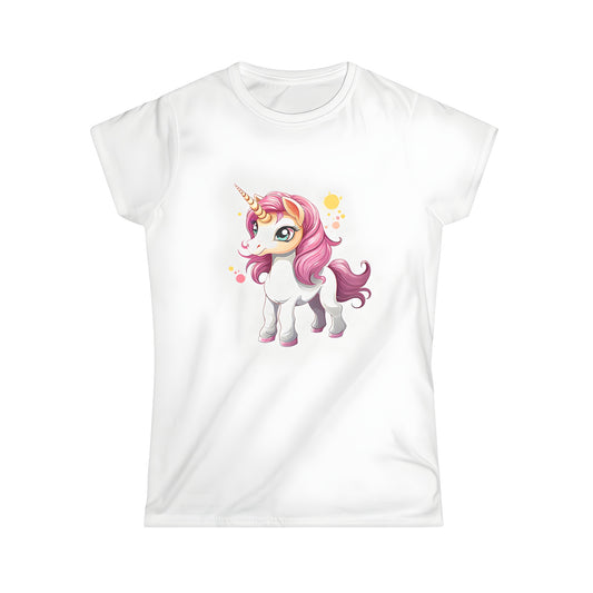 Women's T-Shirt featuring a colorful unicorn with large eyes and pink mane print set against a white background