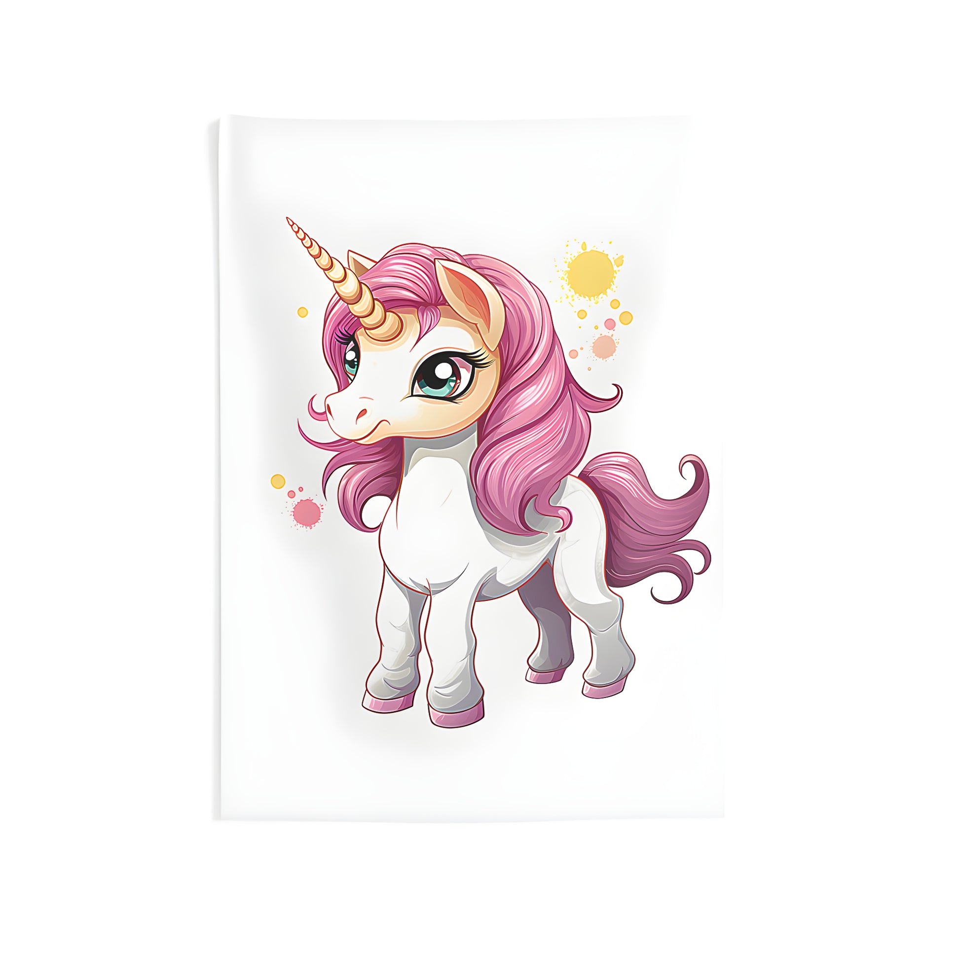 Colorful wall tapestry of cute unicorn with pink mane, set against white background with paint splatters. Indoor decor