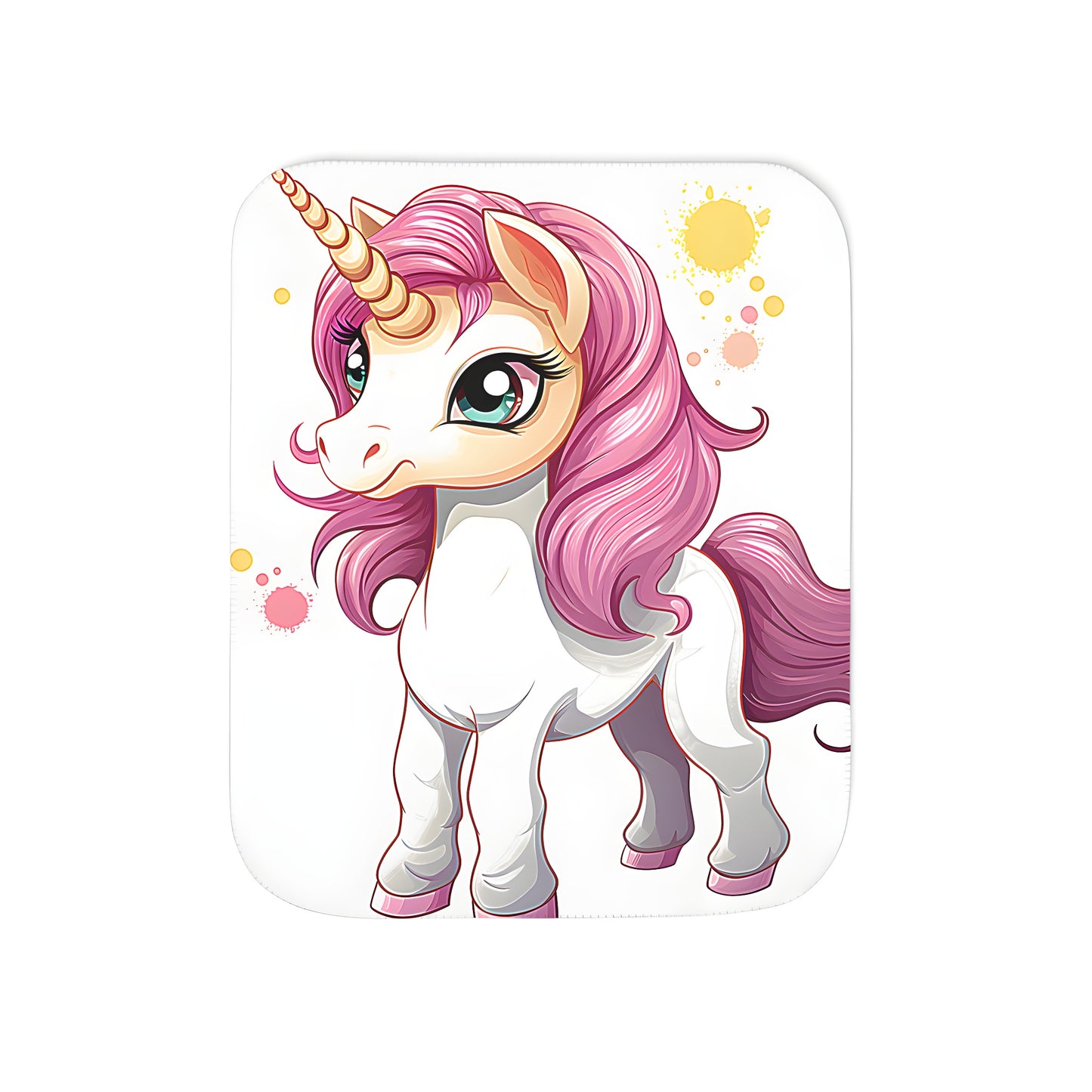 Colorful unicorn blanket with large eyes and pink mane on a white background with paint splatters.