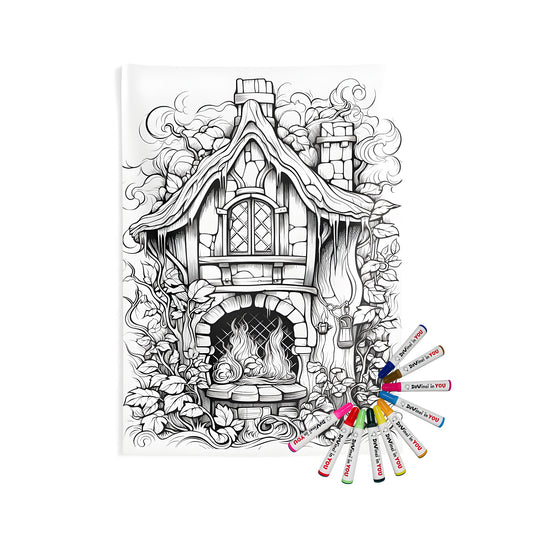 Indoor wall tapestry featuring a whimsical cottage design with a thatched roof, chimney, and surrounded by vines and foliage. Part of an exclusive coloring kit with 10 fabric markers.