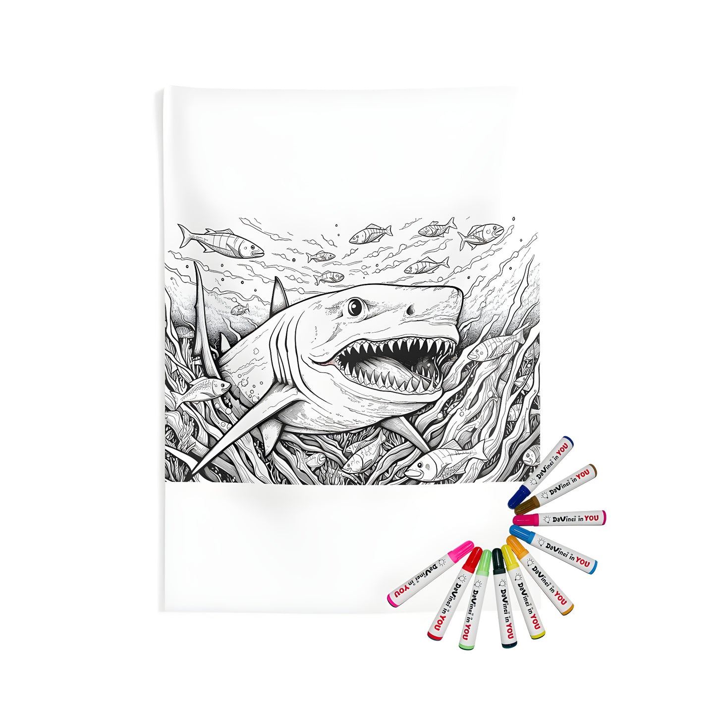 A highly detailed underwater scene featuring a large great white shark, bull shark or finned predator with its mouth wide open, surrounded by colorful tropical fish and seaweed, printed on an Indoor Wall Tapestries coloring kit with fabric markers