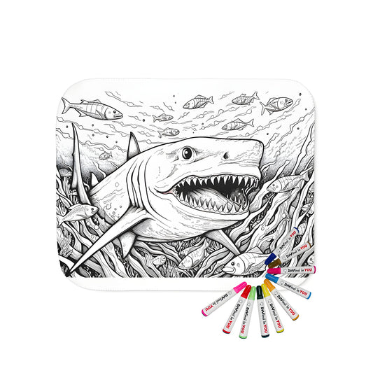 Underwater coloring page blanket featuring a large shark, colorful fish, and seaweed - Shark art, ocean theme, boys room decor