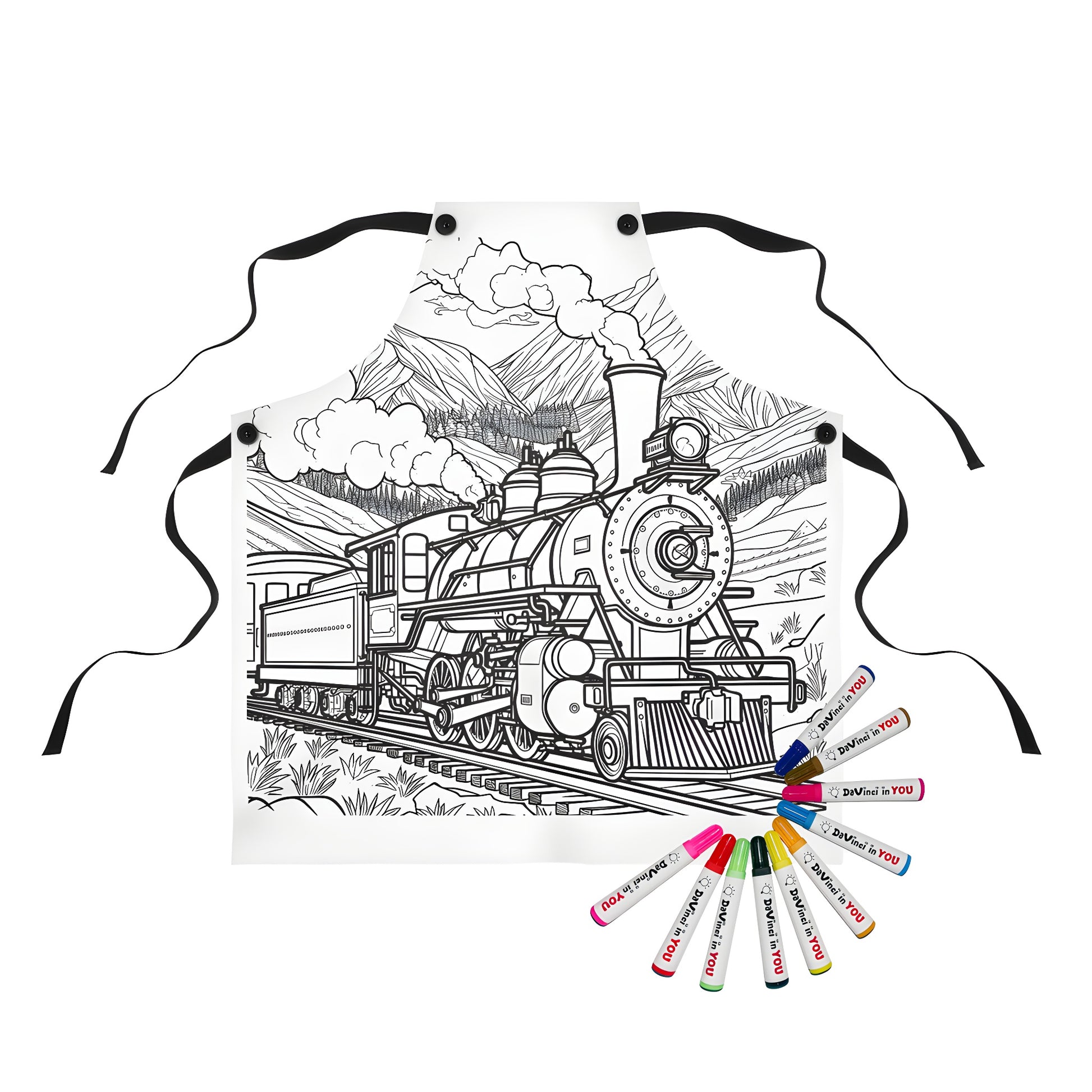 Black-and-white steam locomotive design apron for kids and adults