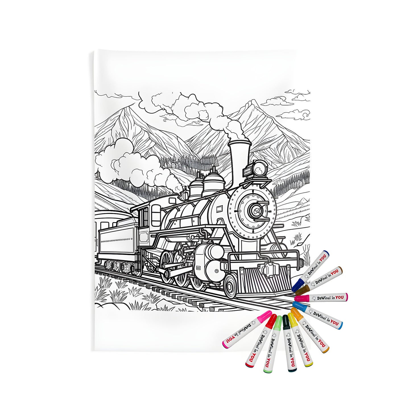 Indoor wall tapestries featuring a vintage steam locomotive illustration, perfect for train enthusiasts. Black-and-white art of chugging locomotives along railroad tracks with mountains and nature scenery.