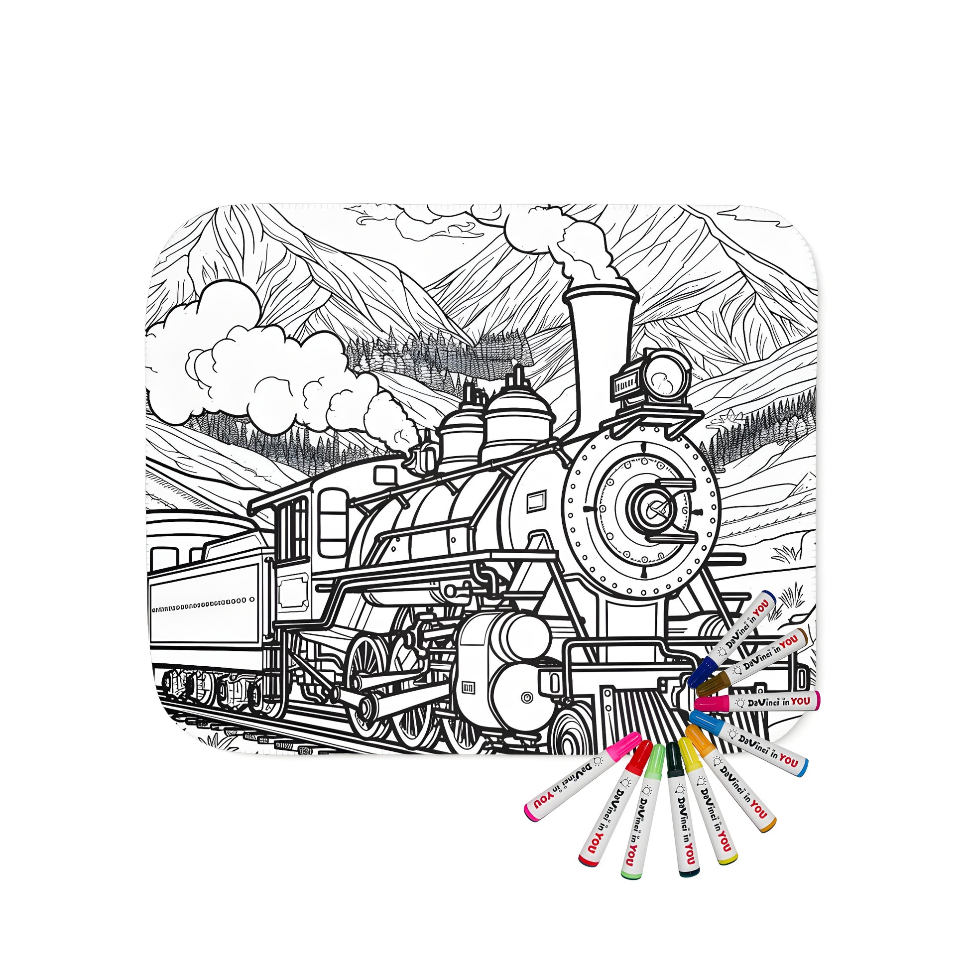 Blanket featuring a black-and-white steam train illustration, locomotive engine artwork on a soft fabric background