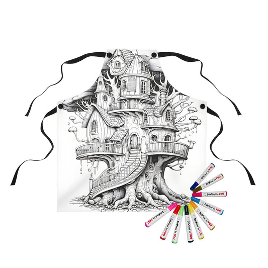 Apron with whimsical treehouse design featuring colorful wooden houses and fantastical elements