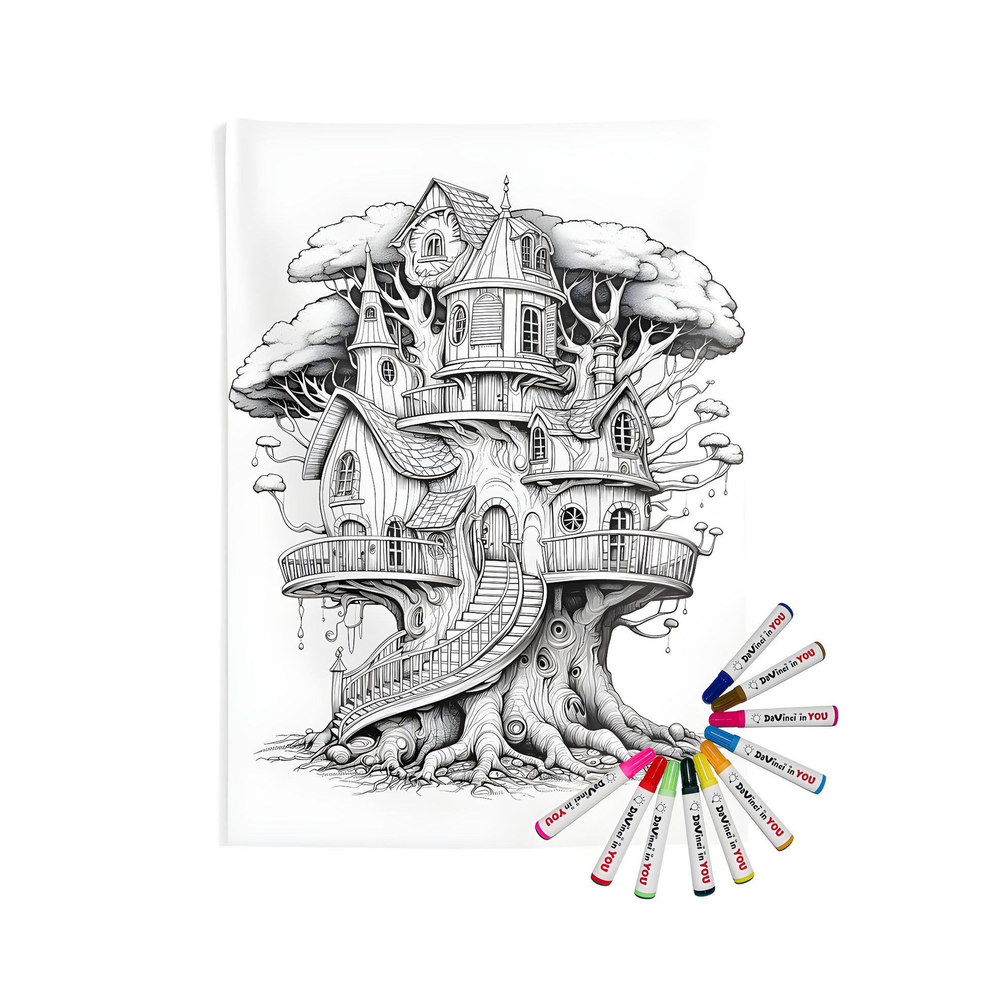 Enchanting Fantasy Treehouse wall tapestry for indoor decoration, featuring whimsical wooden houses built into a tree