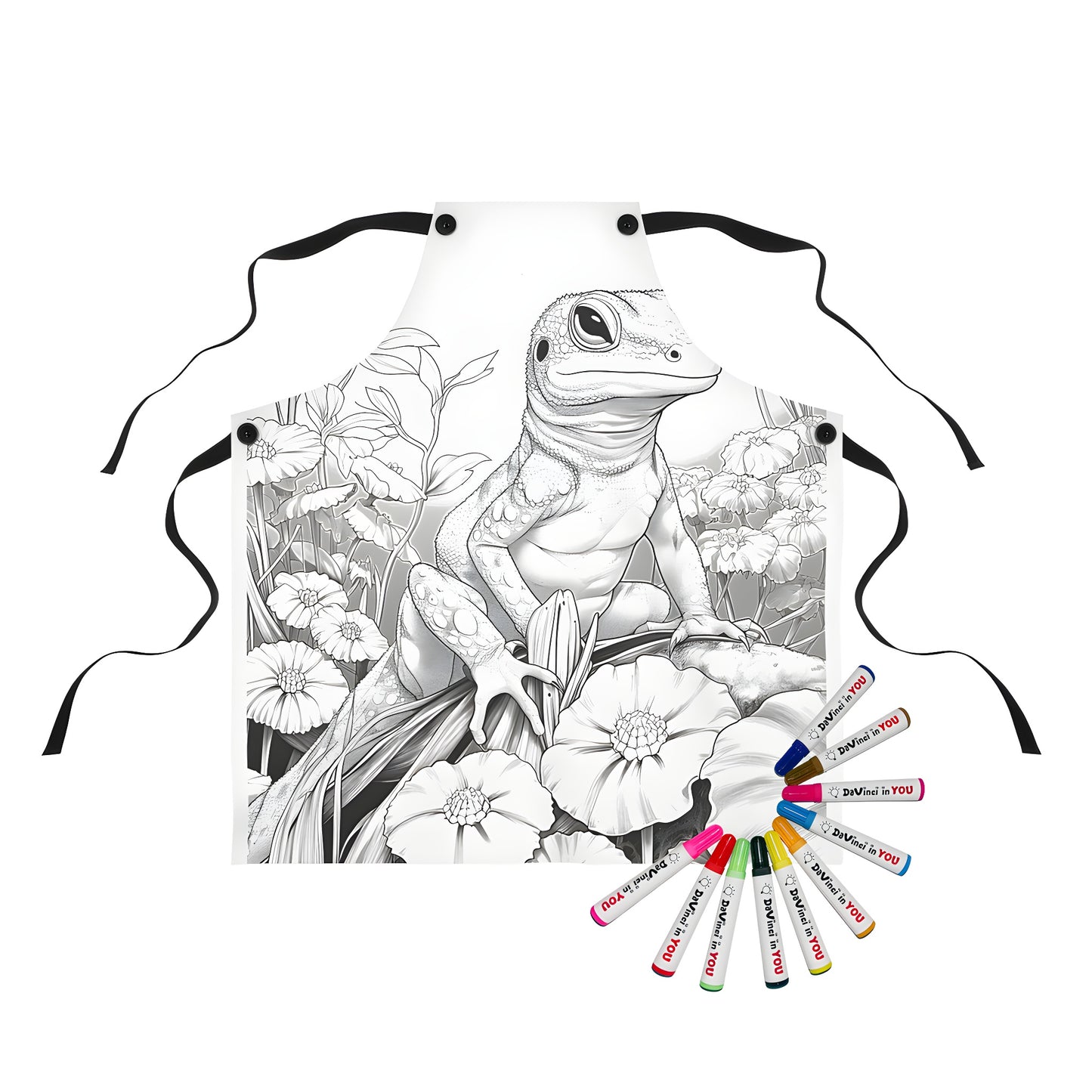 Apron with fun lizard coloring page design among flowers and leaves