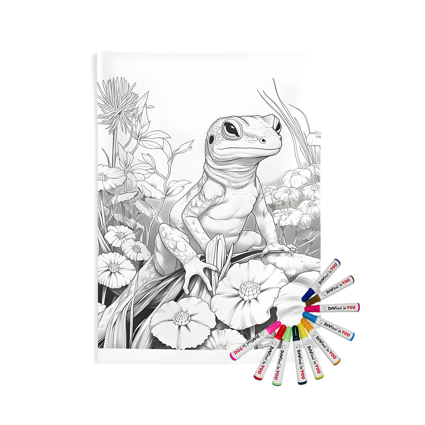 Detailed black and white lizard sketch amidst colorful flowers and leaves on a vibrant nature-inspired indoor wall tapestry