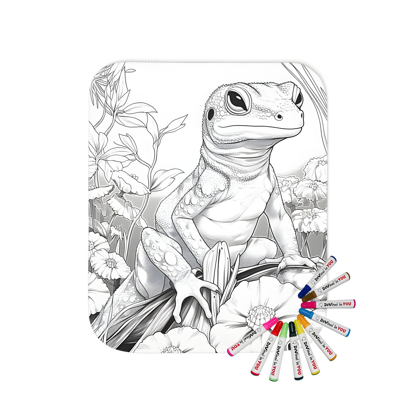 A detailed nature scene of a lizard perched among flowers and leaves on a soft blanket