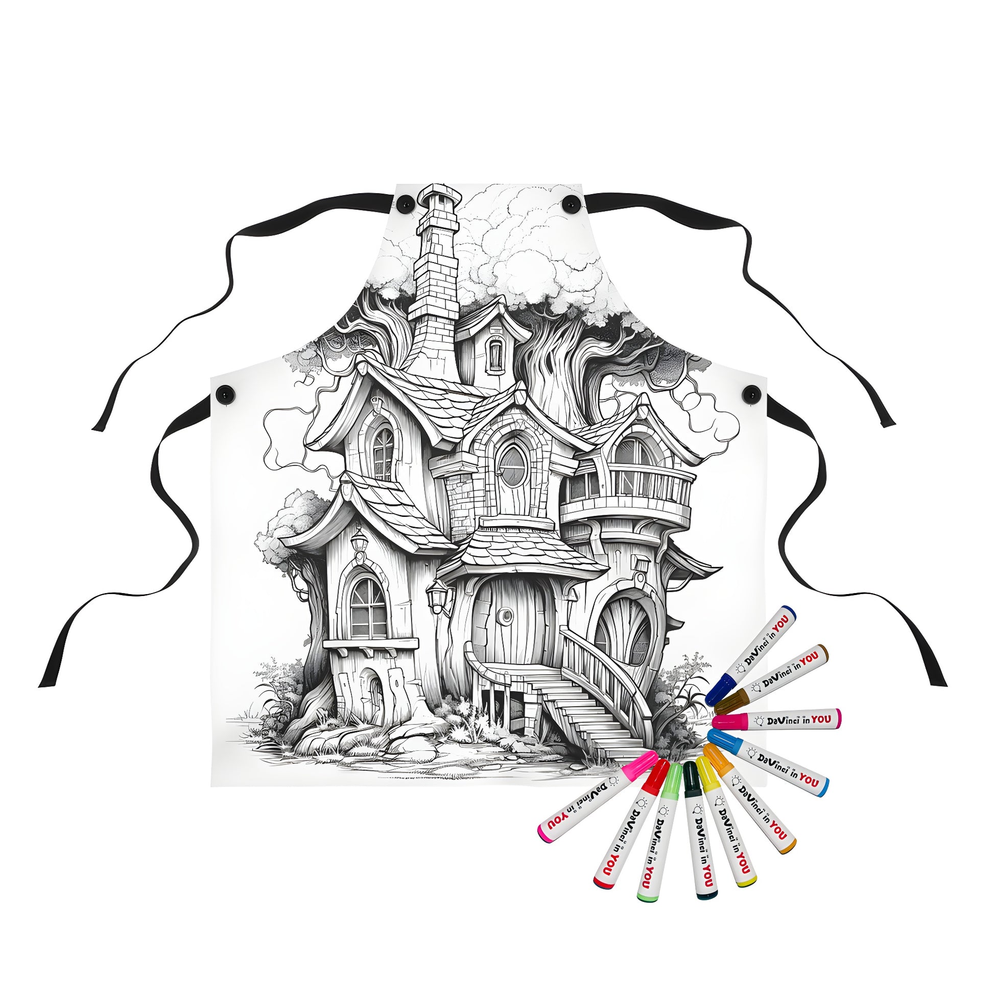 Whimsical woodland house apron with detailed illustration of a treehouse inspired by nature