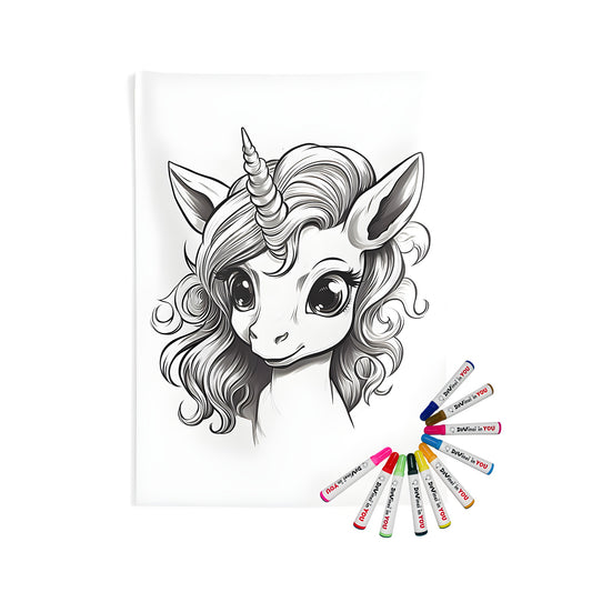 Indoor wall tapestry for unicorn enthusiasts featuring an elegant black and white drawing of a mythical horse's head with expressive eyes and wavy mane. Perfect home decor for fans of fantasy, magic, and whimsy