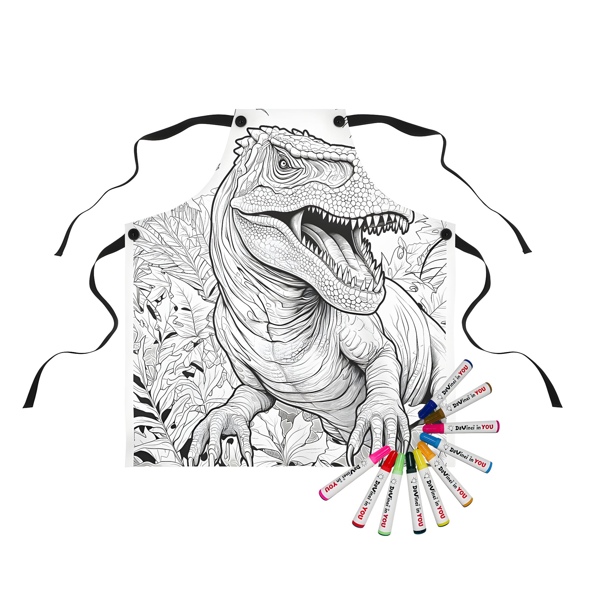 Colouring apron featuring a detailed illustration of a T-Rex, Velociraptor or Dinosaur in a jungle setting with colourful artwork