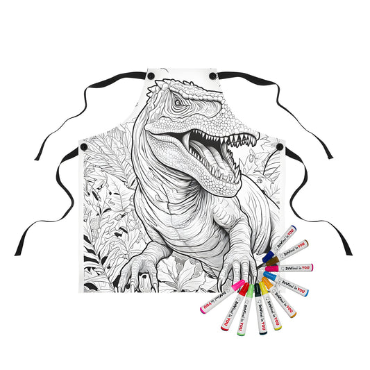 Colouring apron featuring a detailed illustration of a T-Rex, Velociraptor or Dinosaur in a jungle setting with colourful artwork