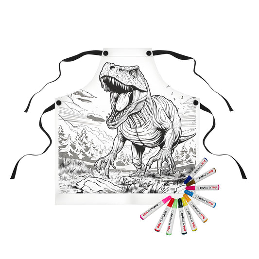 Colorful Apron featuring a roaring T-Rex amidst a prehistoric landscape with vibrant details