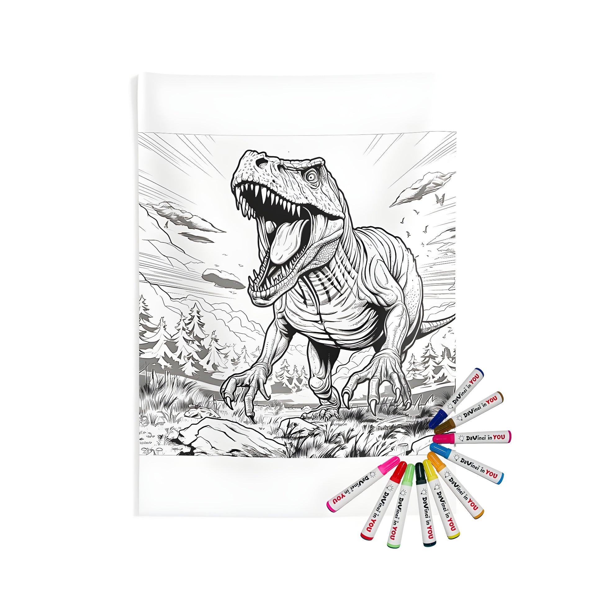 Indoor wall tapestry featuring a detailed coloring page of a roaring dinosaur, Tyrannosaurus Rex, amidst a prehistoric forest landscape with vibrant details.