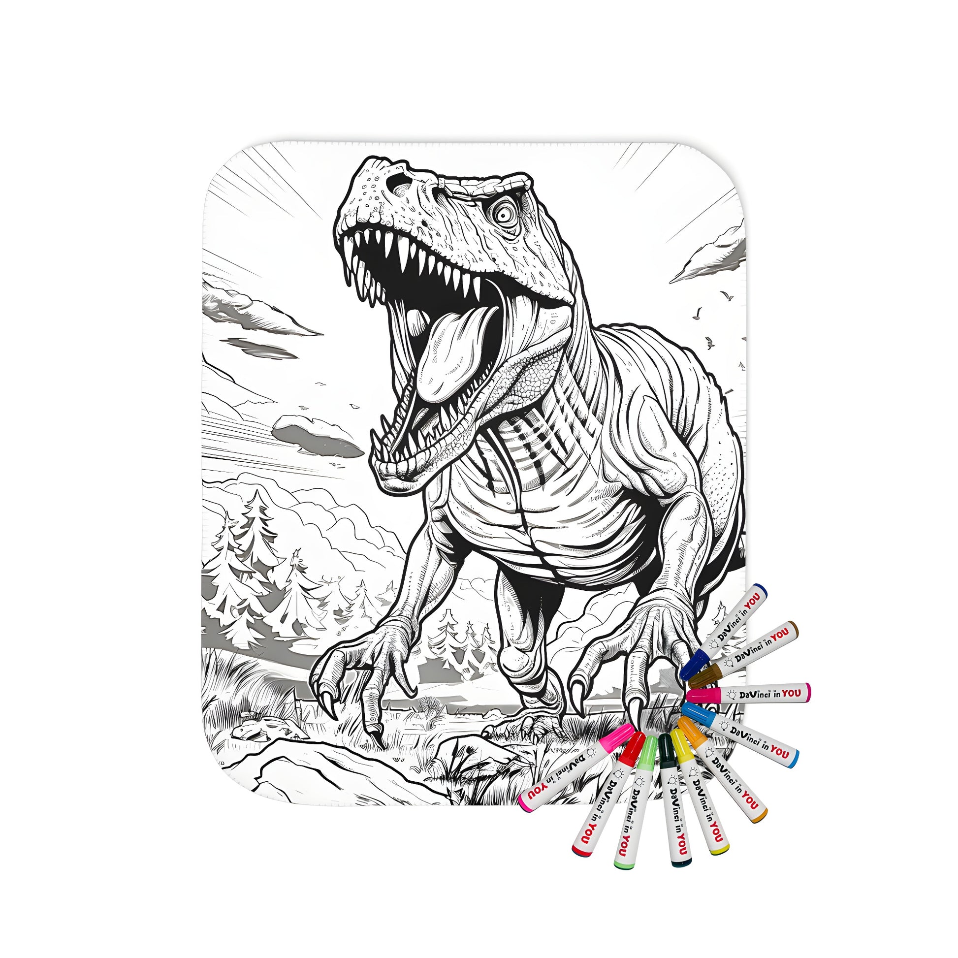 Colorful blanket featuring a detailed T-Rex design amidst a prehistoric forest landscape