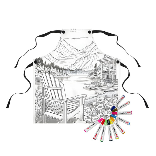 Serene mountain scene apron for adults with cabin porch lake and mountain scenery, featuring a chair and tree surroundings