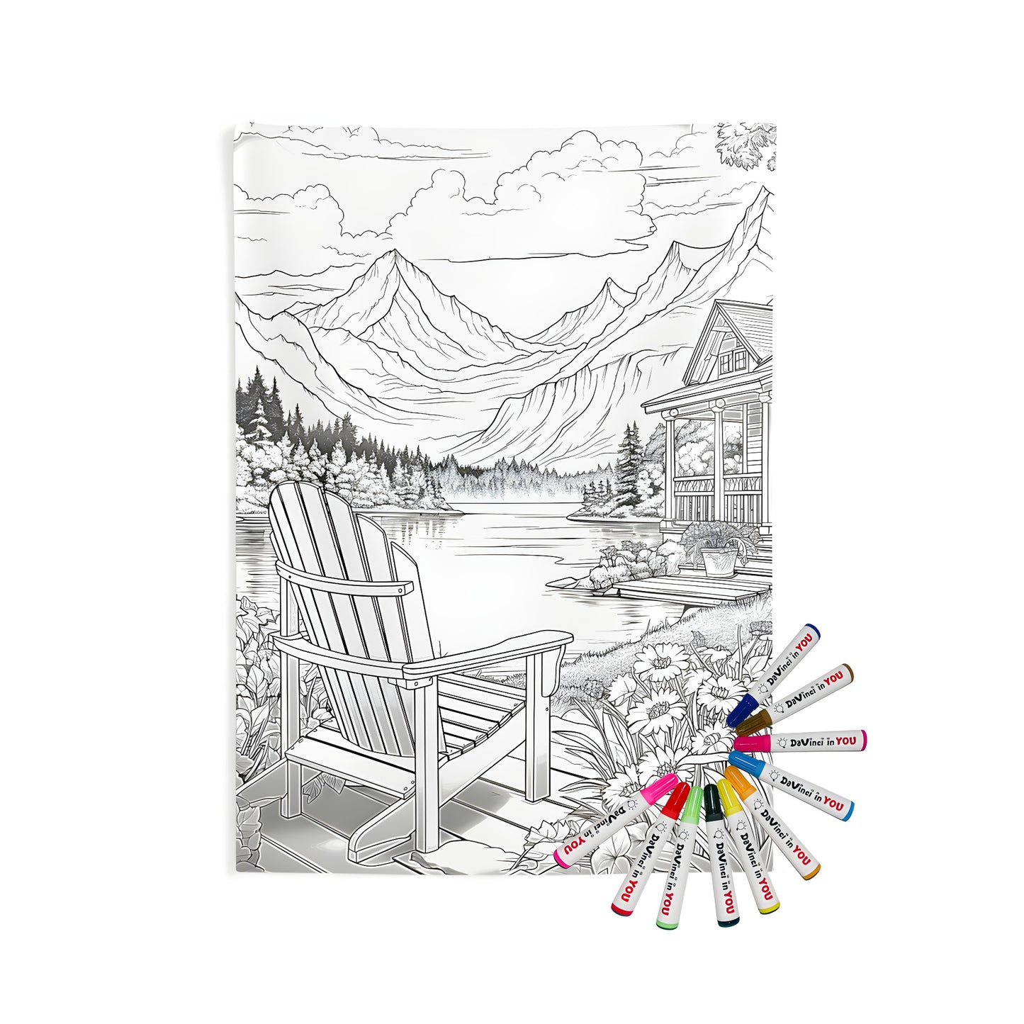 Indoor wall tapestry for mountain lovers featuring a serene scene of a cabin porch overlooking a lake and mountains