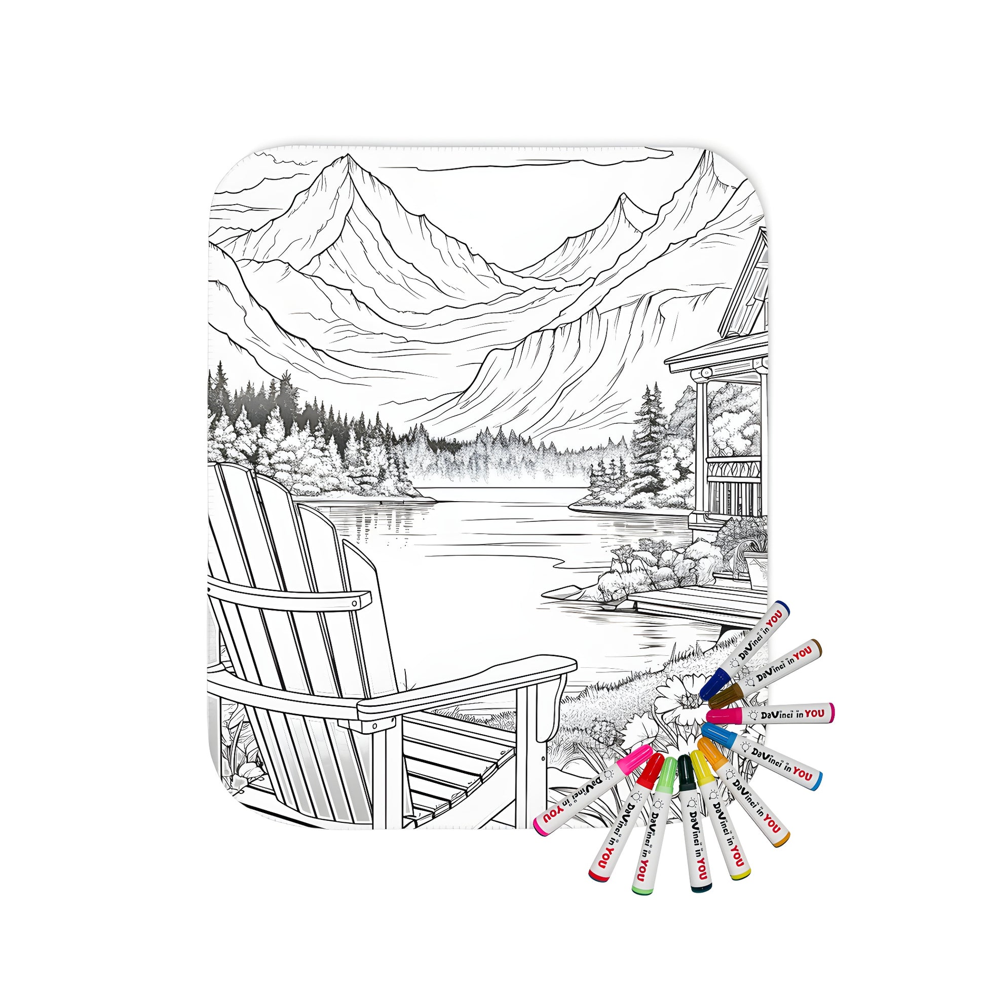 Coloring blanket featuring serene mountain landscape with cabin porch, chair, lake, mountains, trees and flowers.