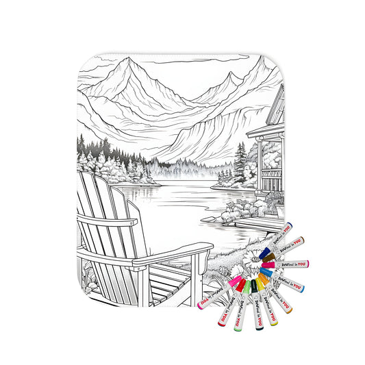 Coloring blanket featuring serene mountain landscape with cabin porch, chair, lake, mountains, trees and flowers.