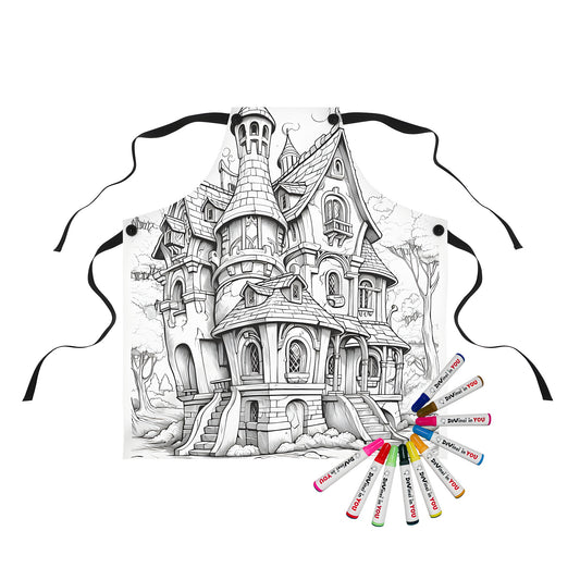 Coloring apron with detailed black and white fantasy castle illustration, towers, stairs, trees, and colorful fabric markers